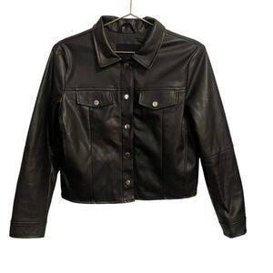 Olivaceous Black Faux Leather Trucker Jacket Silver Buttons Quilted Lining M
